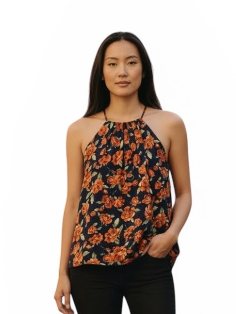 Lush Navy Floral Halter Camisole with Orange Red Blooms